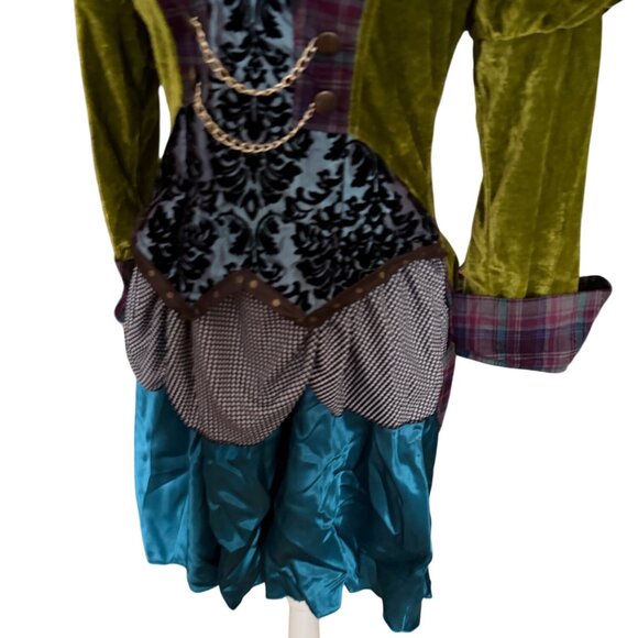 Leg Avenue Deluxe Mad Hatter Costume With Hat & Neck Ruffle 3 Pc Size M Green/Bl - Picture 5 of 7